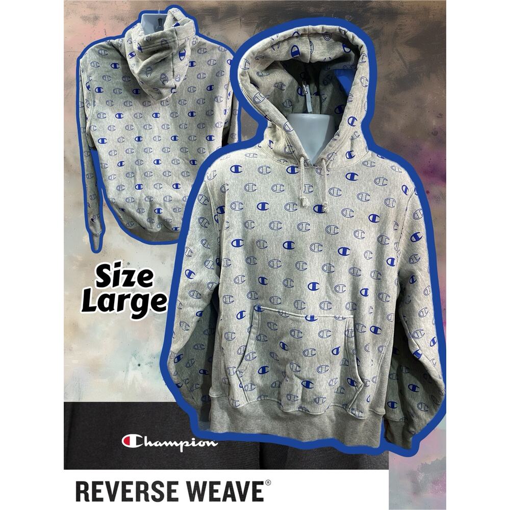 CHAMPION Reverse Weave Hoodie Gray Mens Large Sweatshirt All Over Print